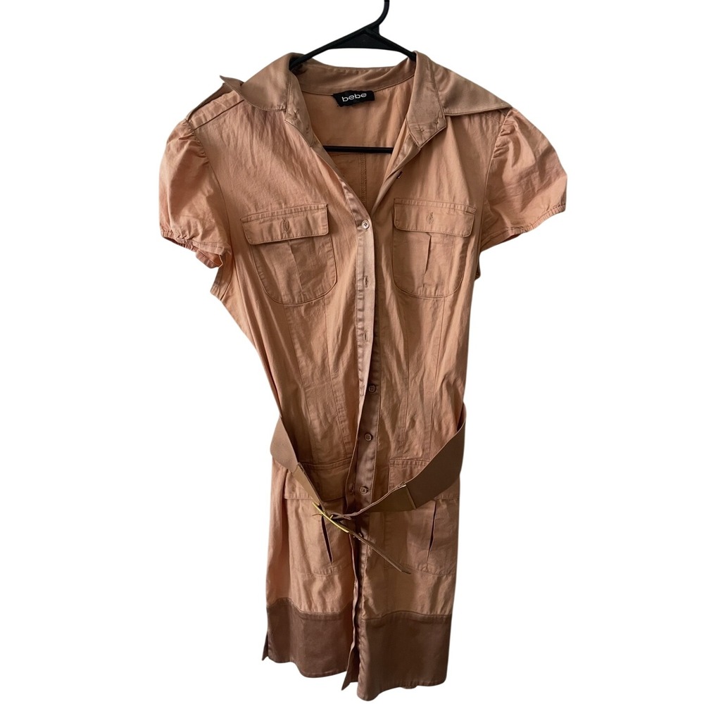 Bebe Carmel Tan Cotton Silk Trim Belted Safari Shirt Dress Short Sleeve Small